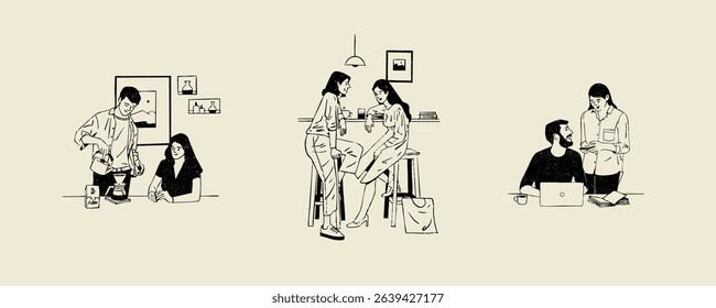 Coffee shop set vector design with vintage retro hand-drawn style vector illustrations, People making coffee sketch