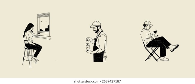 Coffee shop set vector design with vintage retro hand-drawn style vector illustrations, People making coffee sketch