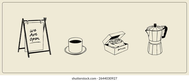 Coffee shop set vector design with vintage retro hand-drawn style vector illustrations