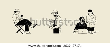 Coffee shop set vector design with vintage retro hand-drawn style vector illustrations, People making coffee sketch