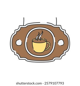 Coffee Shop Sign Doodle Illustration, A decorative coffee shop sign featuring a cup of coffee, often used for cafe branding.