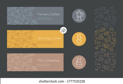 Coffee shop sign. Specialty coffee concept with vector linear icons. Coffee brewing methods horizontal banner. Template label design for farmer coffee. Arabica badge on textured dark background.