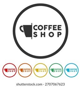 Coffee shop simple logo. Set icons in color circle buttons