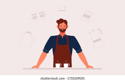 Coffee shop small business illustration. Barista man in apron, cafeteria Worker with hand drawn machine and accessories in a coffee house Style cartoon character flat vector