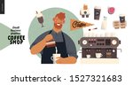Coffee shop - small business illustrations - barista - modern flat vector concept illustration of a young man wearing apron pouring whipped milk into the coffee mug, coffee maker, elements