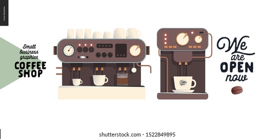 Coffee shop - small business illustrations - coffee machines - modern flat vector concept illustration of two coffee makers with cups and sign We are open mow - constructor set