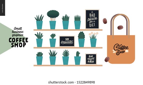 Coffee shop - small business illustrations - decoration -modern flat vector concept illustration of shop interior decoration - plants and quotes on blackboards, and branded tote bag - constructor set