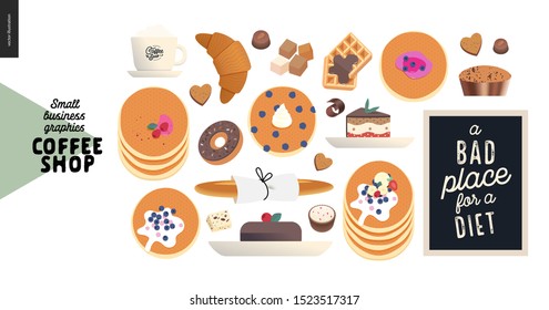 Coffee Shop - Small Business Illustrations - Pastry - Modern Flat Vector Concept Illustration Of Baking -pancakes, Cookies, Donut, Bread, Cakes, Chocolates, Crescent Roll And Coffee - Constructor Set