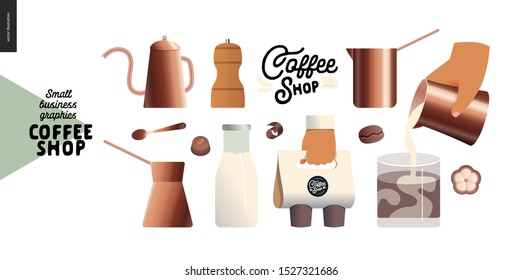 Coffee shop -small business illustrations -coffee pots -modern flat vector concept illustration of various coffee pots, milk bottle, take away pack, cooffee shop logo, beans, cinnamon -constructor set