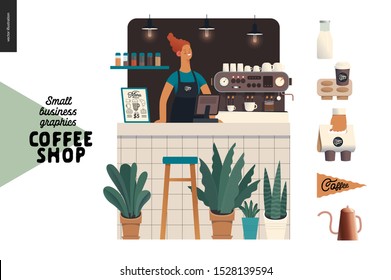 Coffee shop - small business illustrations - barista - modern flat vector concept illustration of a young woman wearing apron at the bar counter, coffee maker, plants, coffee elements