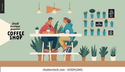 Coffee shop -small business illustrations -visitors -modern flat vector concept illustration of a young couple, cafe visitors, sitting at the high table with coffee, lamps above surrounded by plants