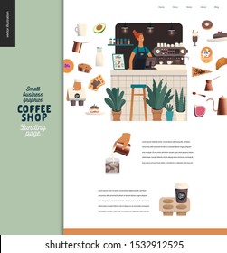 Coffee shop -small business illustrations -landing page design template -modern flat vector concept illustration of a coffee shop web page design -barista wearing apron athe counter, coffee elements