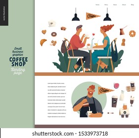 Coffee shop -small business illustrations -landing page design template -modern flat vector concept illustration of a coffee shop web page design -cafe visitors, barista wearing apron, coffee elements