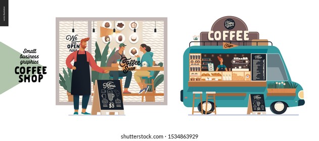 Cafetería -ilustraciones de pequeñas empresas- fachada y coche de comida -moderna ilustración de un vector plano de concepto de un dueño de cafetería frente a la tienda, visitantes dentro, camioneta de coche de comida, letrero de pavimento