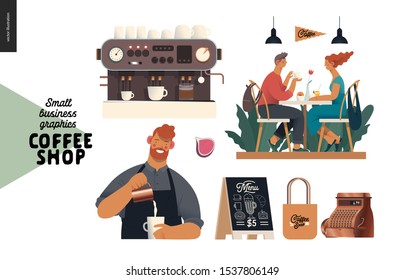 Coffee shop - small business illustrations - set - modern flat vector concept illustration of man barista wearing apron, cash register, coffee maker, visitors, pavement sign, branded bag, elements