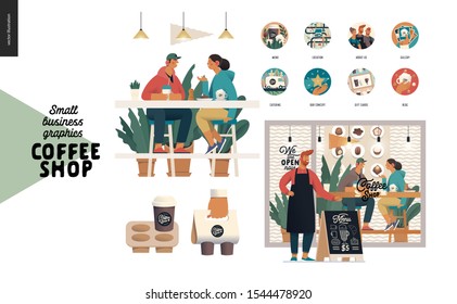 Coffee shop -small business illustrations -set -modern flat vector concept illustration of a coffee shop owner in front of cafe, visitors at the table, website icons, coffee take away packs