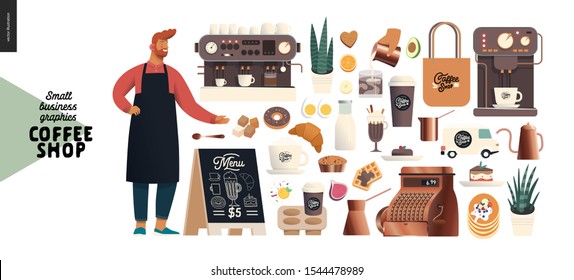 Coffee shop -small business illustrations -constructor set - modern flat vector concept illustration of various coffee cups and mugs, interior decoration, logo, pastry, coffee maker, cafe owner