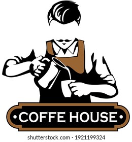 Coffee shop - small business illustrations - barista - modern flat vector concept illustration of a young man wearing apron pouring whipped milk into the coffee mug, coffee maker, elements