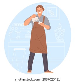 Coffee shop - small business illustrations. Barista wearing apron pouring whipped milk into the coffee mug.