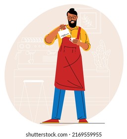 Coffee shop - small business illustrations. Barista wearing apron pouring whipped milk into the coffee mug.