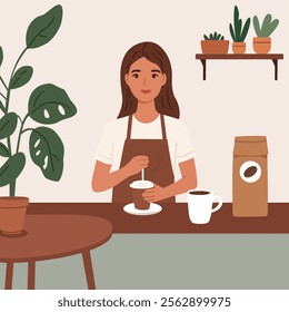 Coffee shop -small business illustrations -cafe owner -modern flat vector concept illustration of a coffee shop owner wearing apron in front of the bar table