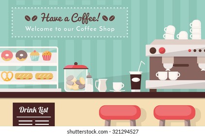 Coffee shop and snack bar banner, bar counter with snacks, espresso cup, take away coffee and coffee machine