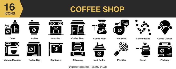 Coffee Shop solid icon set. Includes cafe, coffee, shop, drink, restaurant, business, and More. Solid icons vector collection.