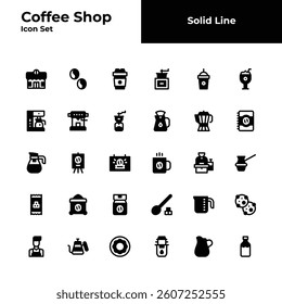 coffee shop solid line icon set. coffee shop glyph icon set.