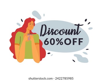 Coffee shop with special price for clients and customers. Discounts in cafe for tasty drinks. Promotional banner or advertising sticker with girl with cup of caffeine beverage. Vector in flat style