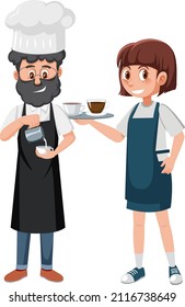 Coffee shop staff cartoon character on white background illustration