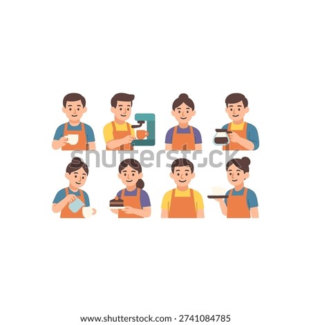 Coffee shop staff flat icon set. featuring barista, espresso machine, coffee serving, and drink preparation.