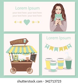 Coffee Shop. Stand on wheels with Coffee. Vector illustration. Cartoon Coffee market store car icon. Coffee to go. Woman drinking coffee. Coffee menu template. Coffee visit card for coffee restaurant.