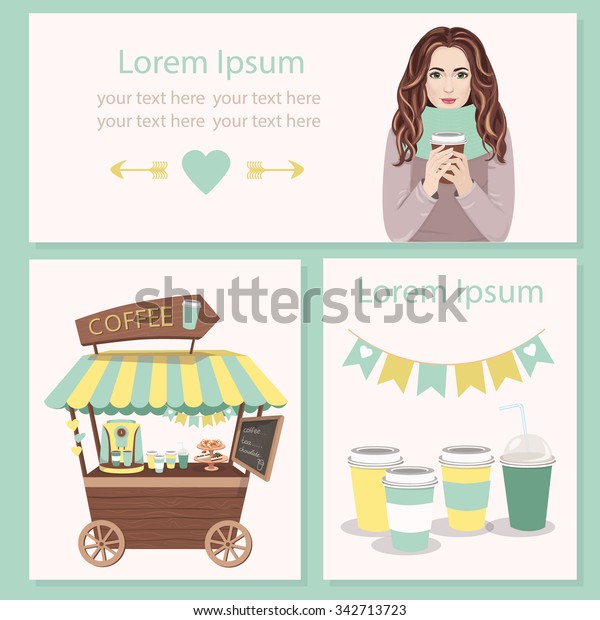 Coffee Shop. Stand on wheels with Coffee.\
Vector illustration. Cartoon Coffee market store car icon. Coffee\
to go. Woman drinking coffee. Coffee menu template. Coffee visit\
card for coffee\
restaurant.