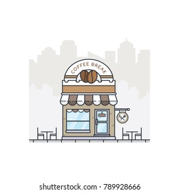 Coffee shop store building in flat design. Coffee break shop illustration. Store building on town street landscape. Vector illustration