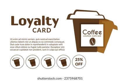 Coffee shop or store loyalty card with number of cups and twenty five percent discounts. Details about promotion, sale and reduction of price for clients and customers. Vector in flat styles