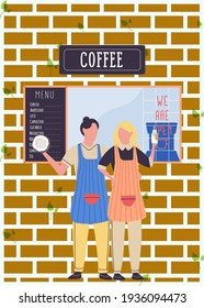 Coffee shop, street cafe with menu board and open window showcase, family business restaurant