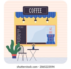 Coffee shop, street cafe with menu board, awning. Cozy terrace with table, place to rest and drink hot tea. Family business cute coffee market. Shop facade with tent and flower decoration outdoors