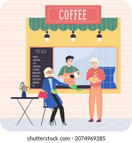 Coffee shop street cafe with menu board. Cozy terrace with table, place to rest and drink hot tea. Family business cute coffee market. Rich happy woman gives money to poor guy puts coins in piggy bank