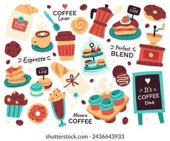 Coffee shop, tea house, pastry store or confection retail market sticker, menu design element. Delicious sweets dessert, hot aroma drinks in cup, mug, takeaway disposable utensils vector illustration