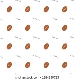 Coffee shop textile pattern. Sign "coffee time" with beans wallpaper.