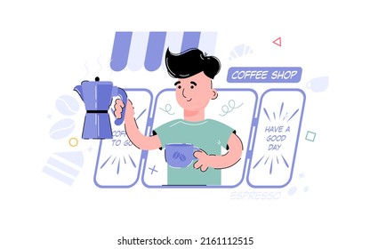 Coffee shop theme. The boy is holding a mug and a coffee maker. Element for the design of presentations, applications and websites. trend illustration. Vector illustration