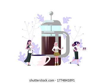 Coffee shop with tiny people and large pot and cup of coffee. Concept of coffee break at work, coffee to go, communication and relaxation during lunch. Flat Art Vector Illustration