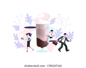 Coffee shop with tiny people and large pot and cup of coffee. Concept of coffee break at work, coffee to go, communication and relaxation during lunch. Flat Art Vector Illustration