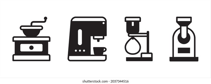 Coffee shop tool icon set. Coffee maker equipment icons set. Vector illustration. Contains icon such as manual grinder, espresso machine, syphon, and roaster.