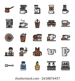 coffee shop tools menu cafe drinking icons. filled color style icon set