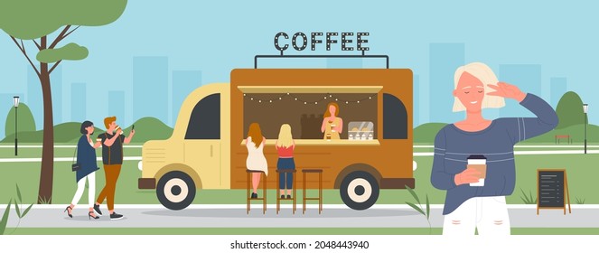 Coffee shop truck, outdoor cafe and people in summer city park vector illustration. Cartoon woman character drinking coffee on festival fair food event, store selling hot drinks with buyers background