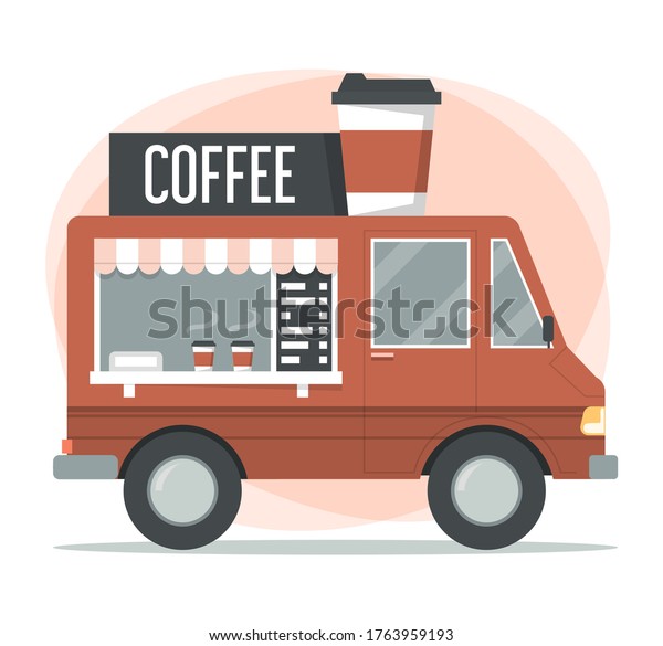 Coffee shop in the\
truck vector isolated. Street cafe in the van. Hot tasty drink in\
the cup. City service.