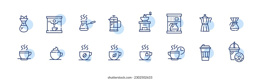 Coffee shop. Types of coffee drinks coffee making technics. Pixel perfect, editable stroke icons set