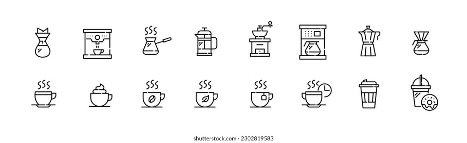 Coffee shop. Types of coffee drinks coffee making technics. Pixel perfect, editable stroke icons set