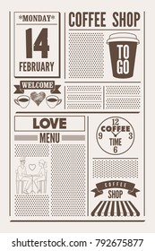 Coffee Shop typographical vintage newspaper style poster or template of menu for Valentine's Day. Retro vector illustration.